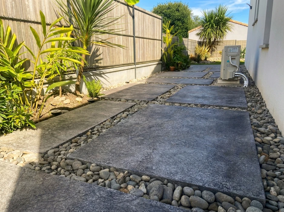 Allée extérieure latérale de maison, aménagement paysager moderne