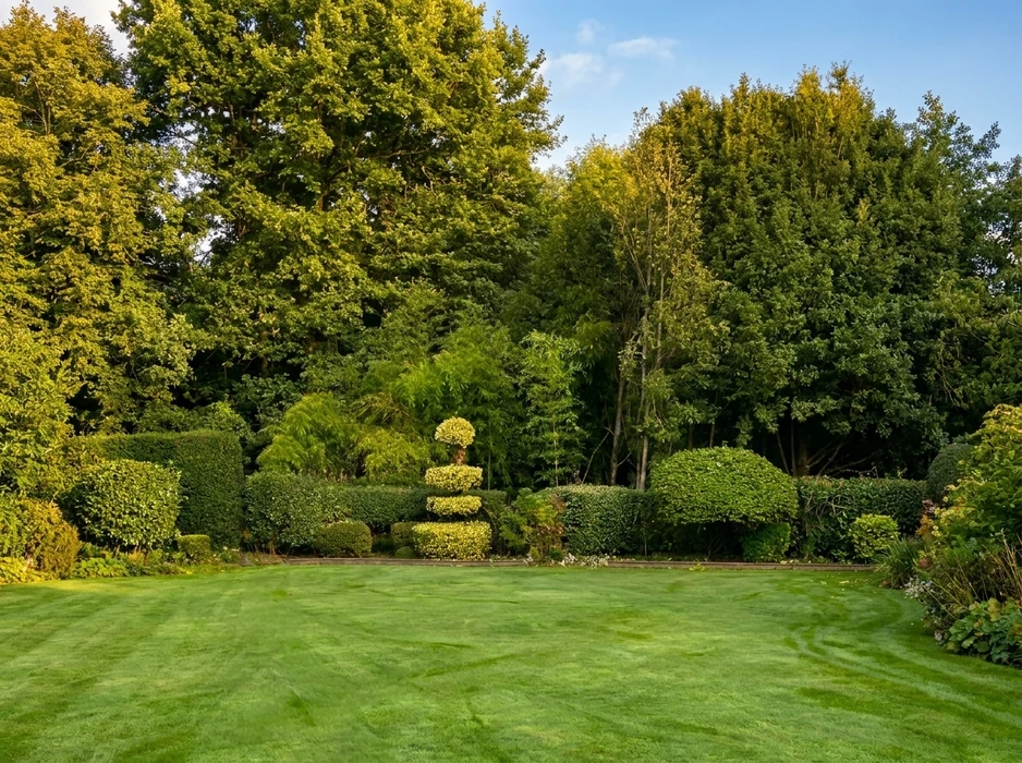 Jardin paysager formel avec pelouse tondue en bandes décoratives, entourée de haies taillées en formes géométriques et organiques