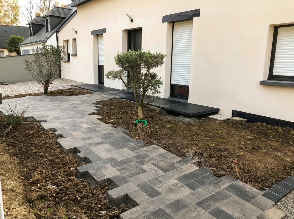 Aménagement paysager en cours devant une maison contemporaine