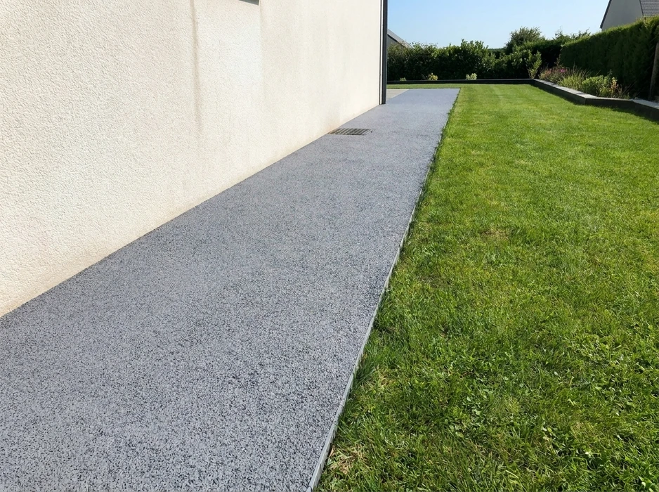 Allée extérieure longeant un mur de façade enduit blanc, revêtement en béton désactivé gris anthracite, finition granulats apparents, bordure métallique de séparation avec pelouse verte tondue