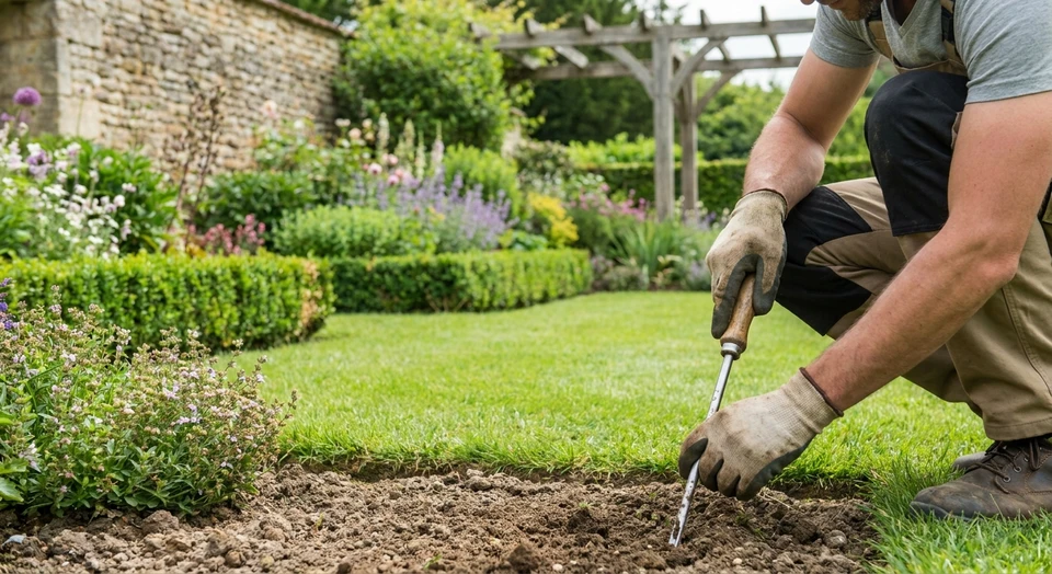 Gros plan sur un paysagiste accroupi près du sol d'un jardin, examinant attentivement la terre avec un outil de diagnostic (tâtant le sol, observant sa texture et sa composition), avec en arrière-plan un jardin aménagé avec des massifs de plantes variées, des haies et du gazon bien entretenu. La scène montre clairement l'étude du terrain avant la plantation.