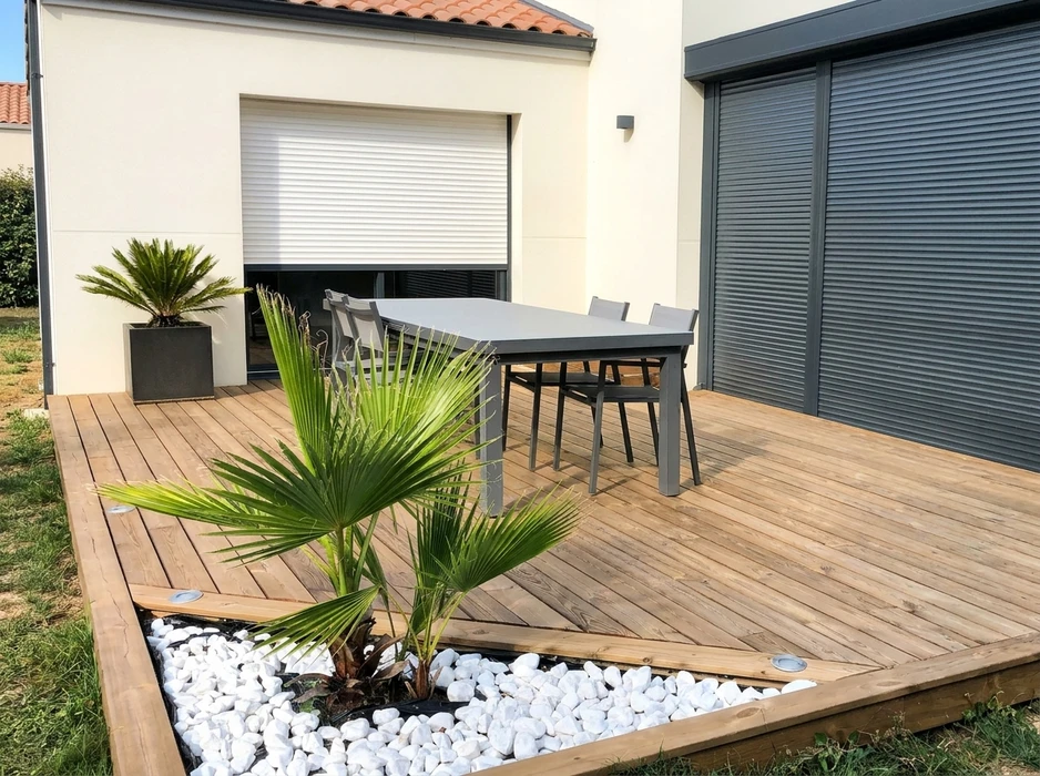 Allée de jardin pavée en pavés autobloquants ton pierre grise, bordure noire, dallage irrégulier type opus romain