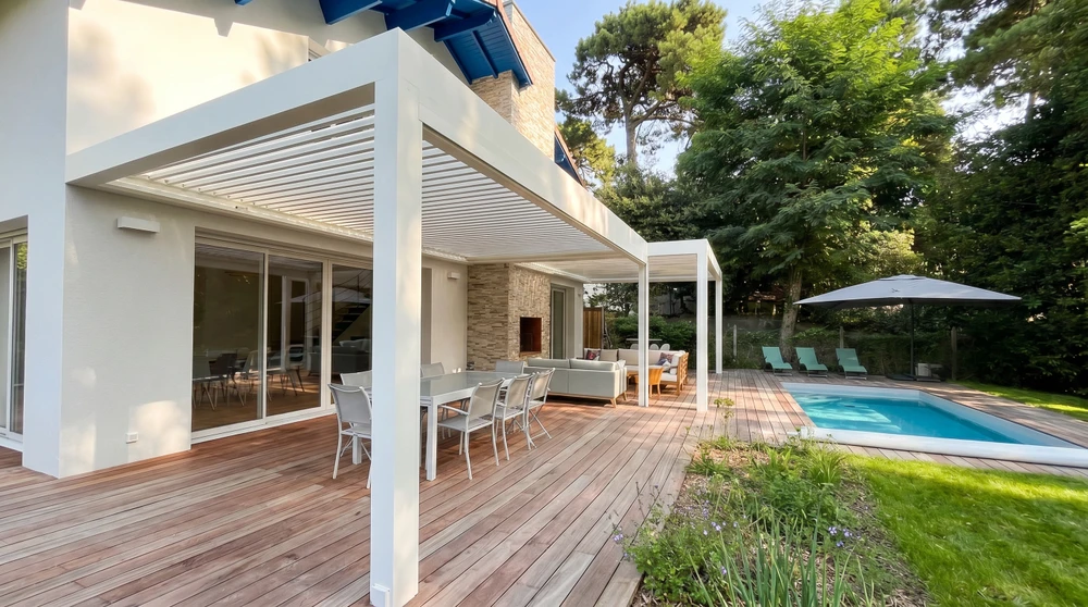 Terrasse extérieure en bois composite avec salon de jardin aluminium gris anthracite, table extensible et chaises empilables
