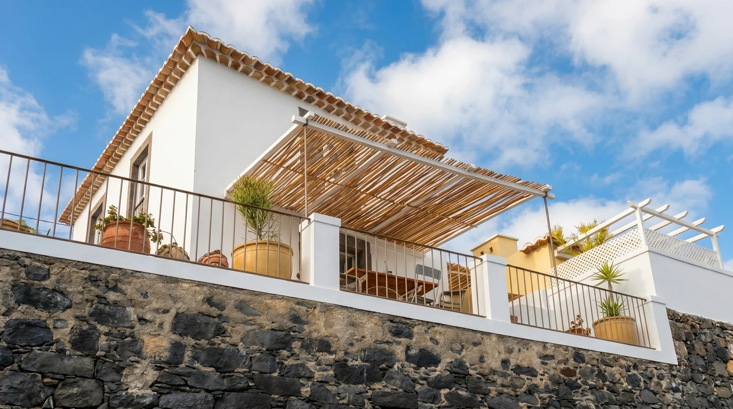 Terrasse extérieure aménagée avec végétation luxuriante, mobilier de jardin moderne et aménagement paysager sophistiqué