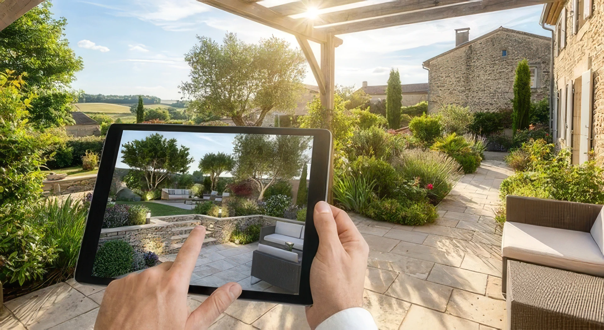 Photographie professionnelle en haute résolution montrant un écran d'ordinateur ou une tablette affichant une visualisation 3D détaillée et réaliste d'un jardin aménagé complet, avec terrasse en pierre, plantations variées, arbres, mobilier extérieur et éclairage. Un paysagiste professionnel ou un client est partiellement visible à côté de l'écran, observant la visualisation. La scène est prise en extérieur dans un jardin réel ou en intérieur dans un contexte professionnel (bureau d'aménagement). L'image doit transmettre la transition entre conception numérique et réalisation concrète, parfaite pour illustrer un service de conception 3D de jardins.