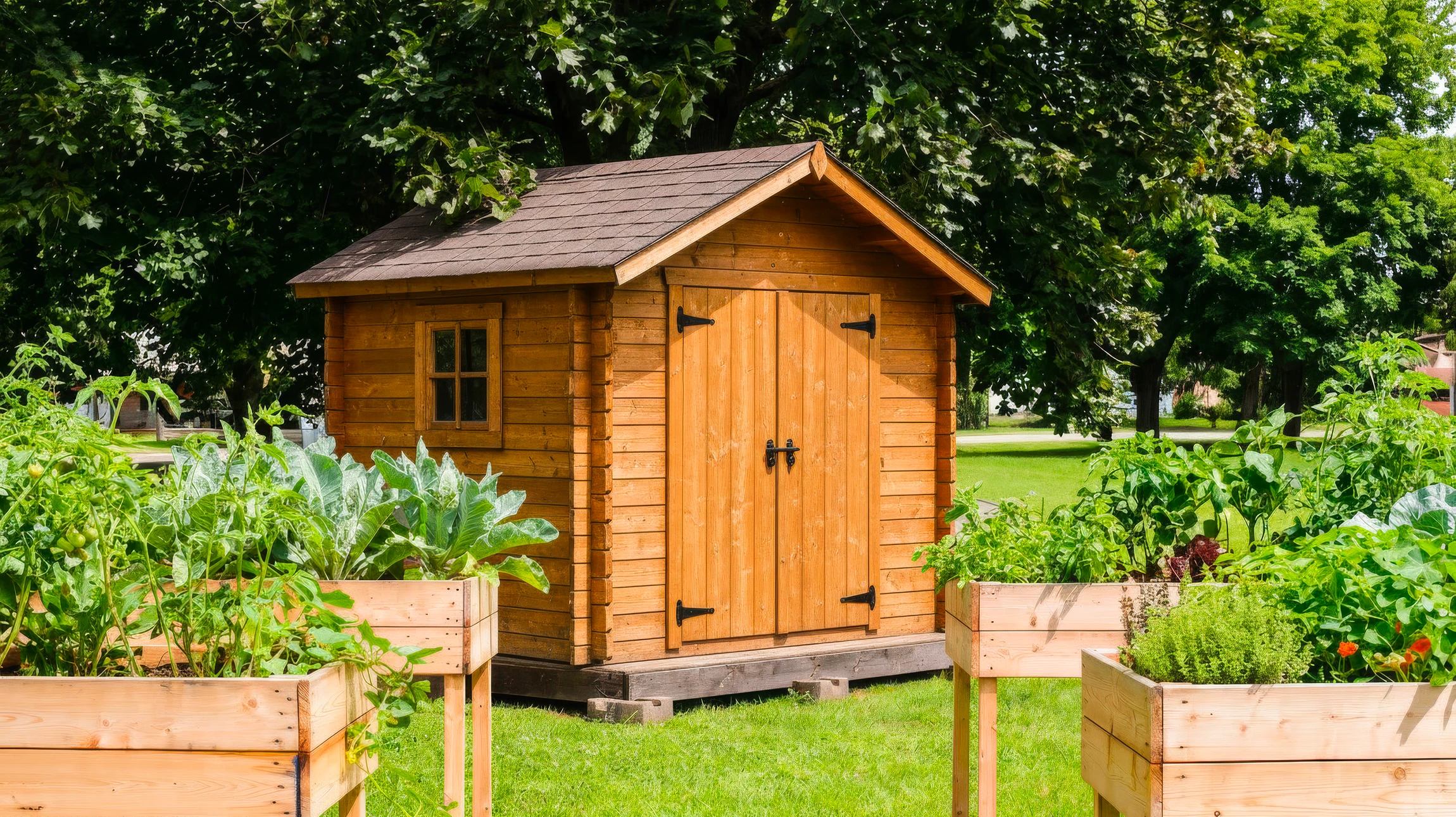 Jardin résidentiel avec abri de rangement en bois naturel à toit noir bitumé, portes ouvertes révélant l'intérieur organisé